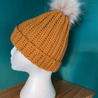 Crochet Ribbed Beanie Hat with a Detachable Faux Pom Pom