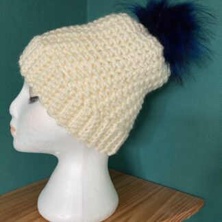 Crochet Cream Beanie Hat with Detachable Pom Pom