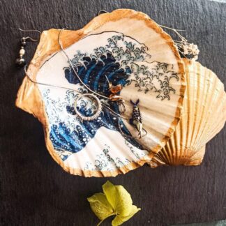The Great Wave Decoupaged XL Gilded Decoupaged Scallop Shell Trinket/Nibble Dish