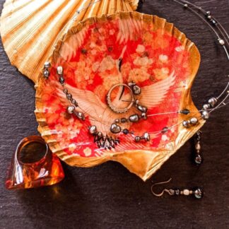Red and Gold Crane Decoupaged XL Scallop Shell Trinket/Jewellery Dish