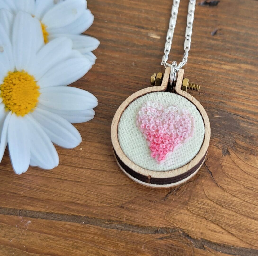Pastel pink embroidered heart mini hoop pendant 2.5cm - Image 2