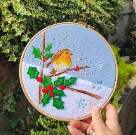 Robin, snowflake and holly, hand embroidered 8 inch hoop, Christmas wall decoration. - Image 5