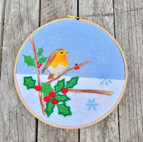 Robin, snowflake and holly, hand embroidered 8 inch hoop, Christmas wall decoration. - Image 6
