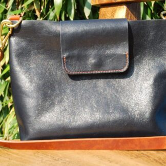 Italian navy glazed leather ladies shoulder bag with adjustable strap, clutch and key fob