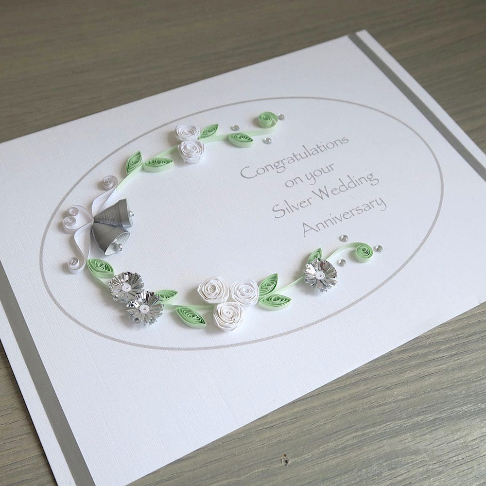 Handmade silver 25th wedding anniversary congratulations card, quilled