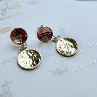 Mixed Metals Dangle Drop Copper Hammered Gold Brass Silver Earrings Mixed Metals