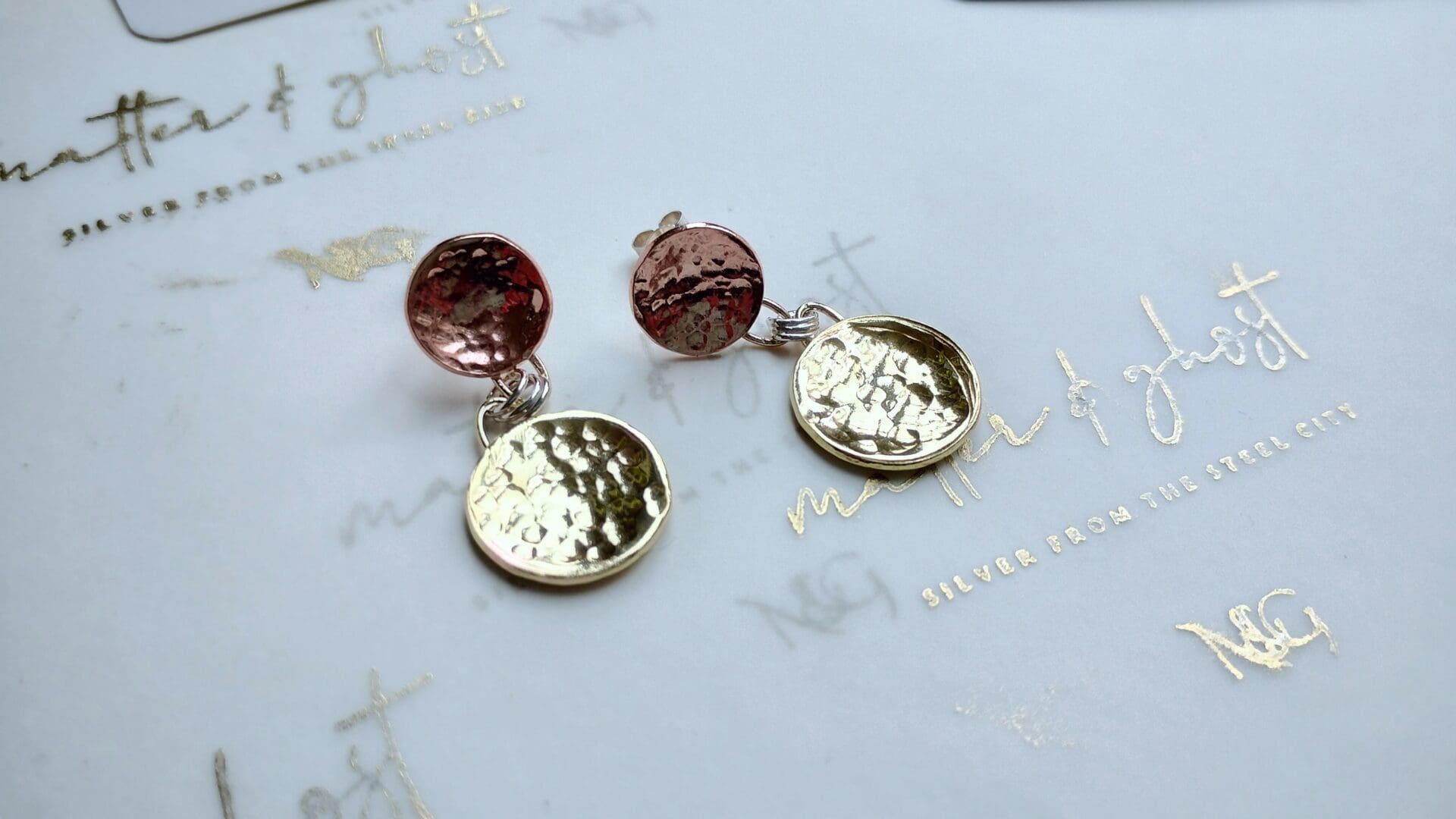 Mixed Metals Dangle Drop Copper Hammered Gold Brass Silver Earrings Mixed Metals