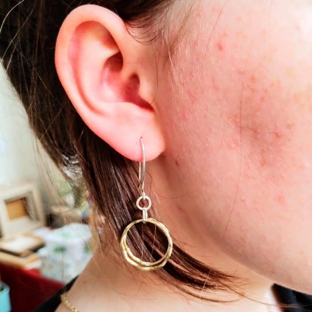 Sterling Silver and Brass Double Hoop Drop Earrings - Image 3