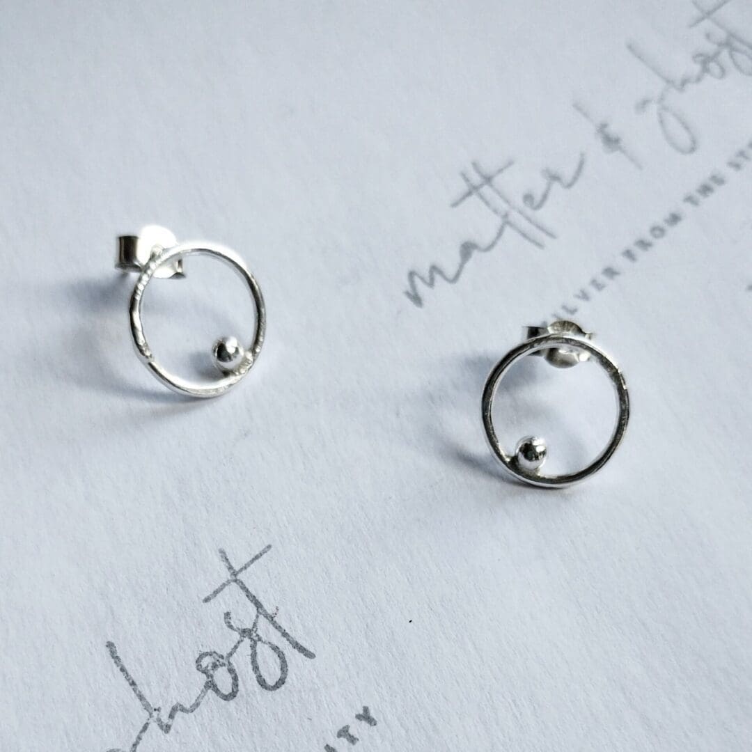 Silver Stud Circle Earrings Ball Detail