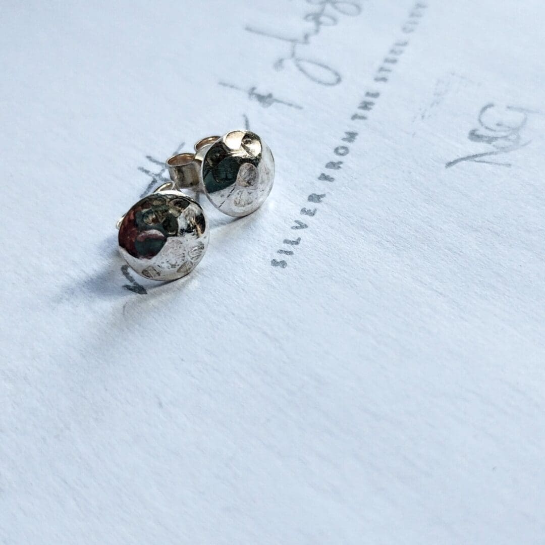 Hammered Sterling Silver Shiny Round Stud Moon Earrings
