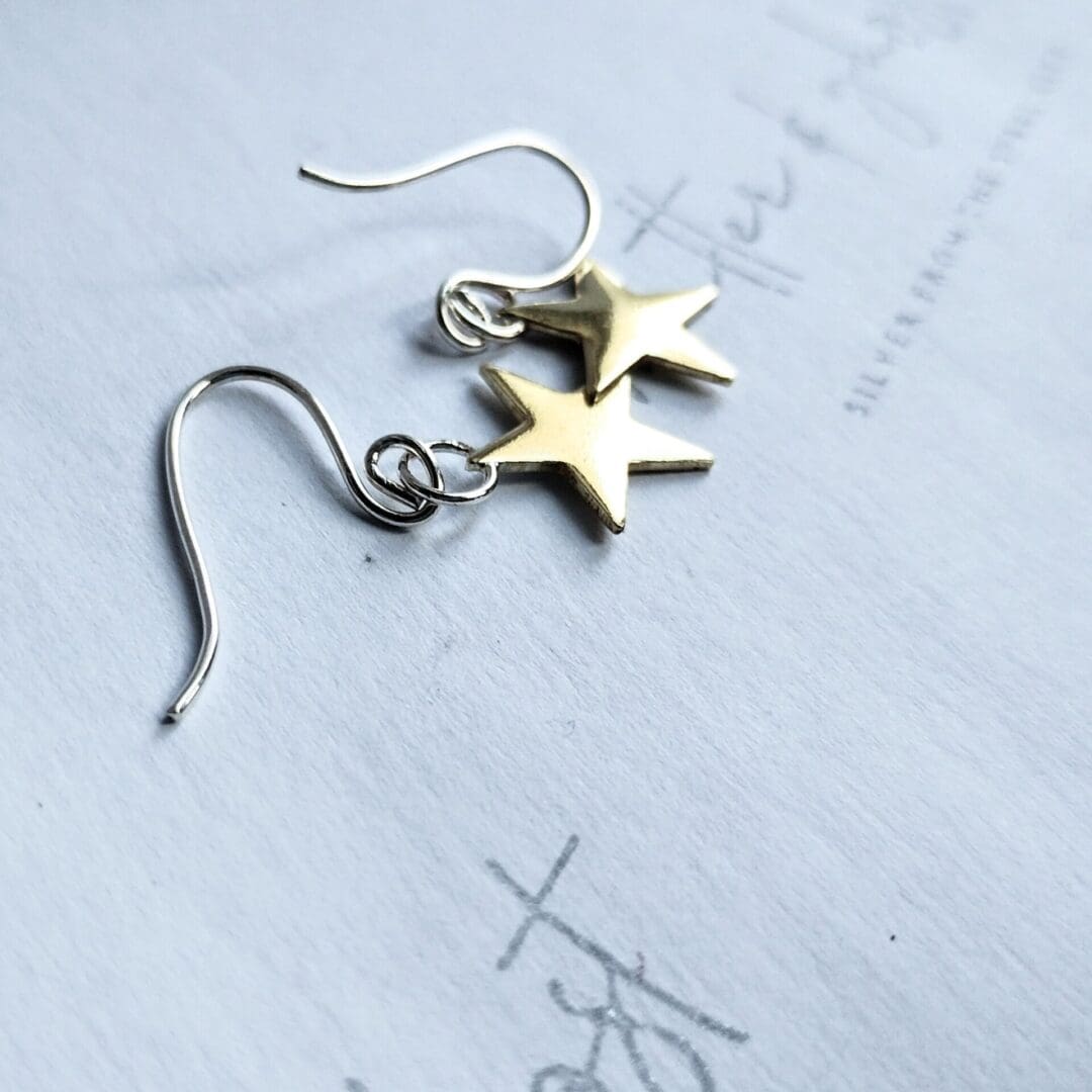 Star Drop Sterling Silver and Brass Mixed Metal Drop Earrings - Image 2