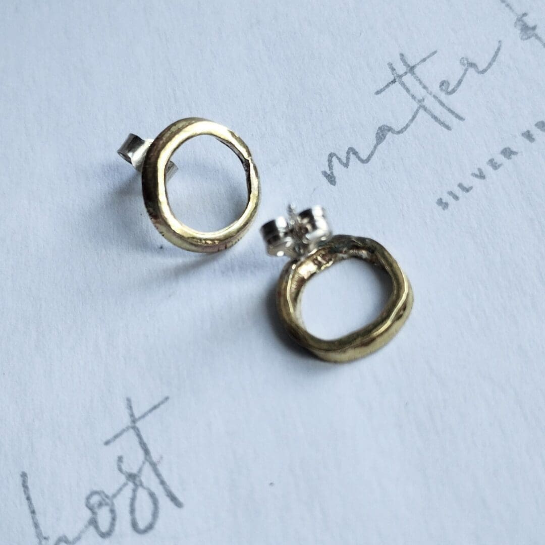 Sterling Silver and Brass Irregular Circle Hoop Stud Earrings - Image 5