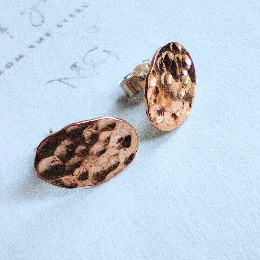 Hammered Copper Sterling Silver Oval Stud Earrings