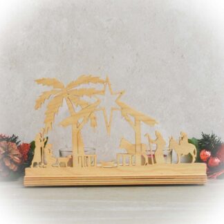 Wooden nativity tealight holder with Mary, Joseph and shepherds silhouette