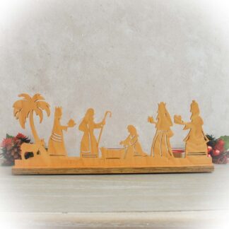 Wooden nativity tealight holder with Mary, Joseph and Three Kings silhouette