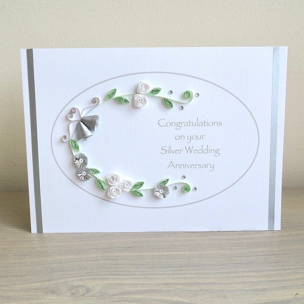 Handmade silver 25th wedding anniversary congratulations card, quilled