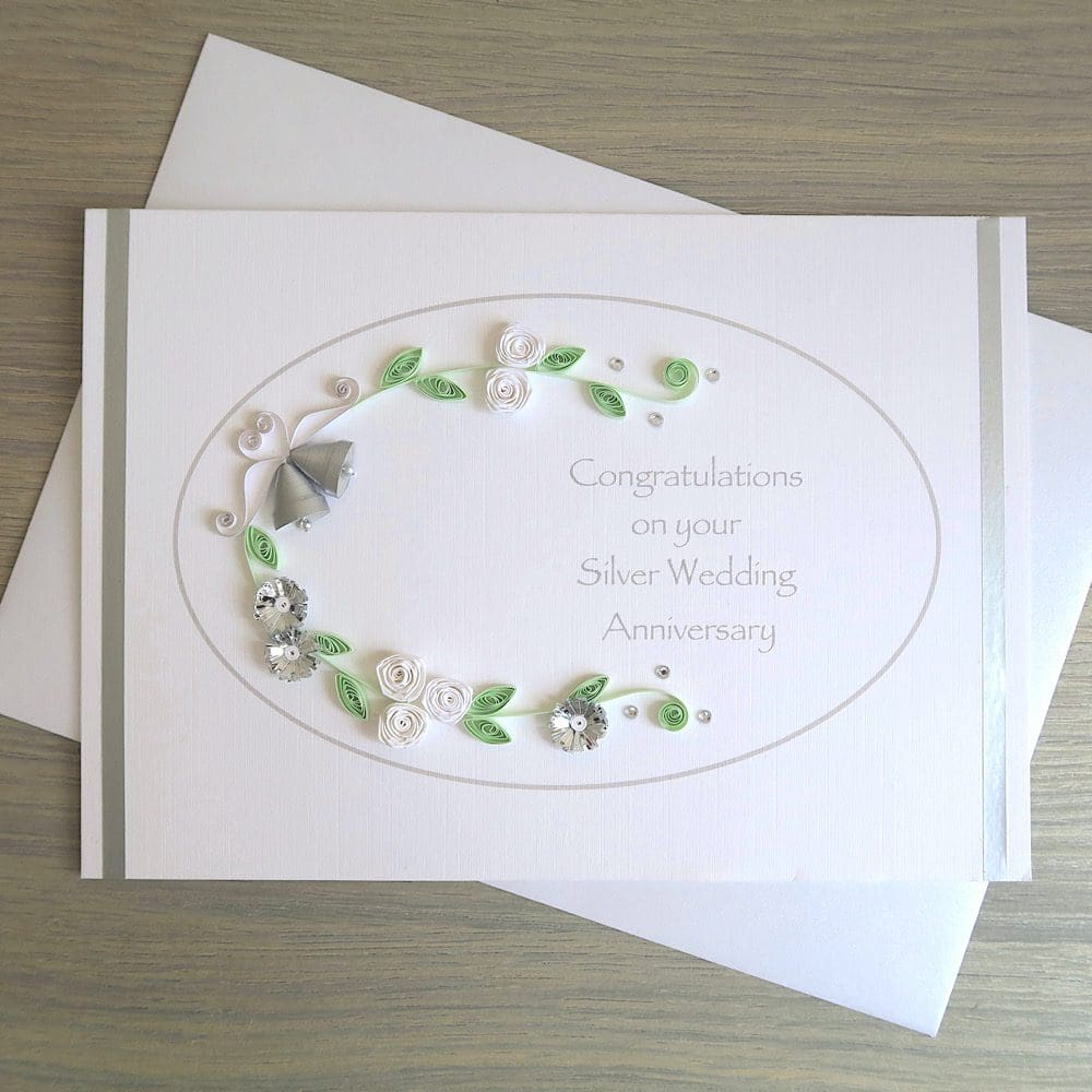 Handmade silver 25th wedding anniversary congratulations card, quilled