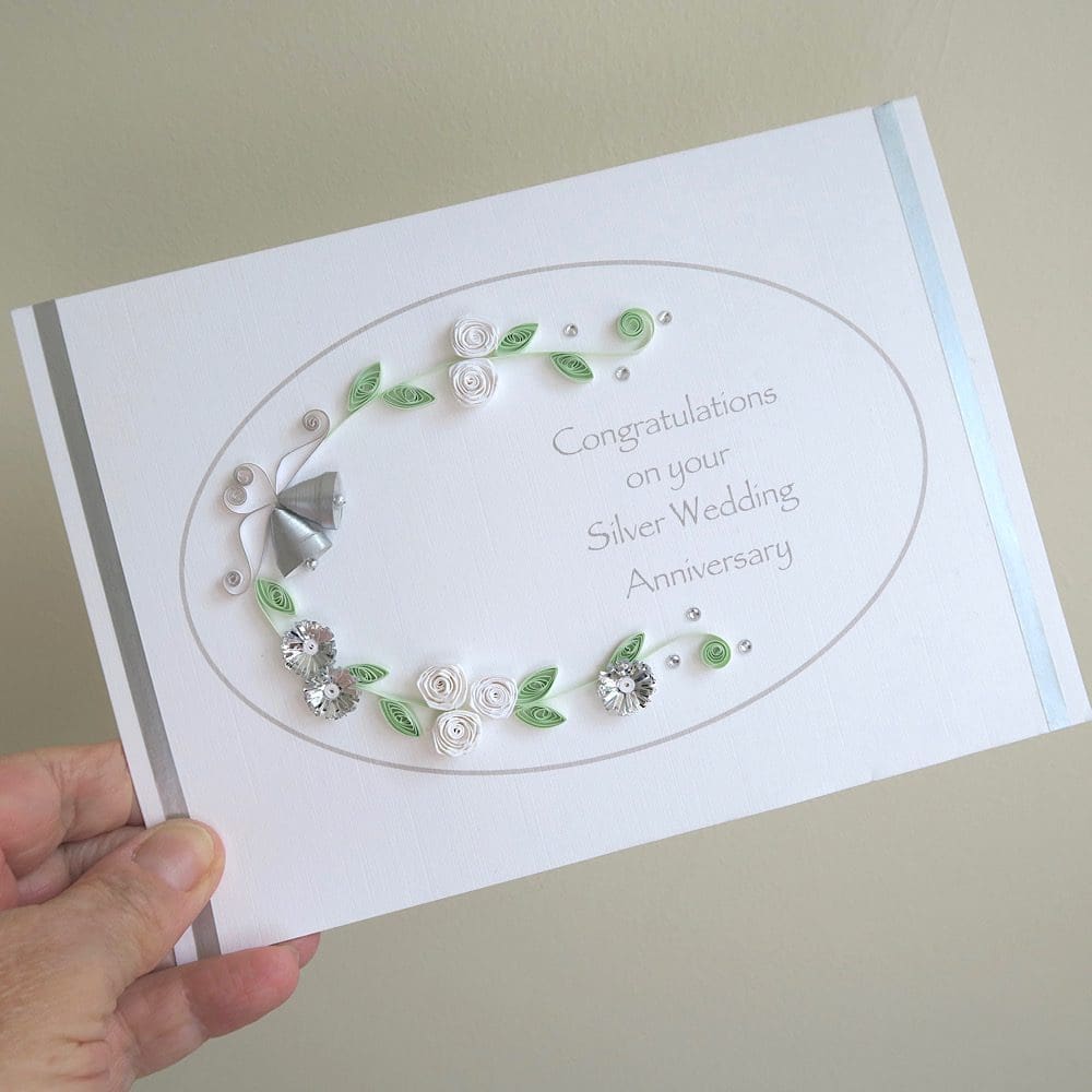 Handmade silver 25th wedding anniversary congratulations card, quilled