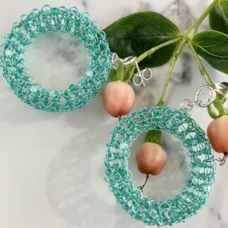 Hoop earrings in delicate turquoise wire crochet with sterling silver studs and agate beads