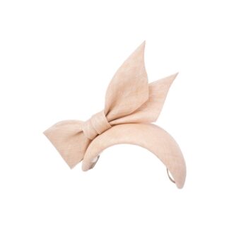 light beige sinamay bandeau style hat with large bow on white background