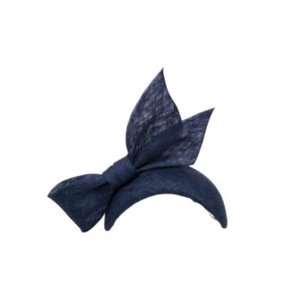 navy sinamay headband style hat with large bow on white background