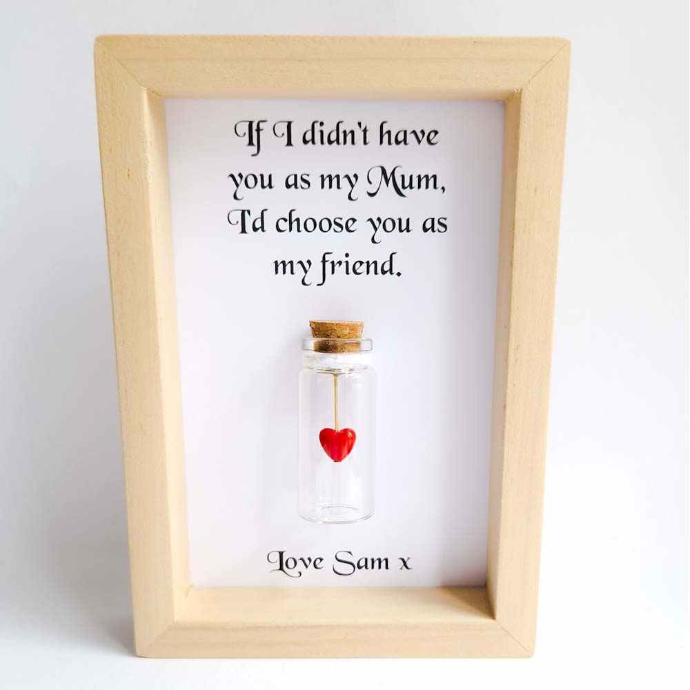 Personalised mum frame with a miniature glass bottle containing a heart