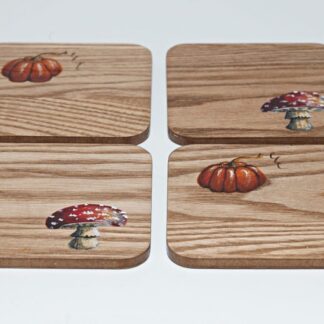 Individual Autumn Hand Painted Toadstool & Pumpkin Wood Coaster