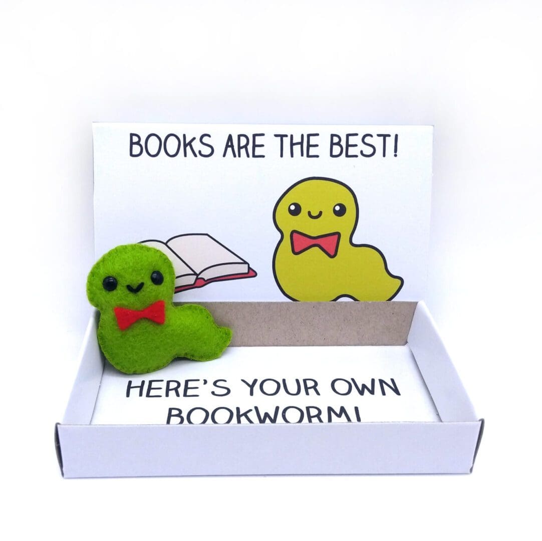 Felt bookworm magnet in a matchbox book lover gift