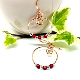 Copper Hoop Earrings with Red Crystal Beads