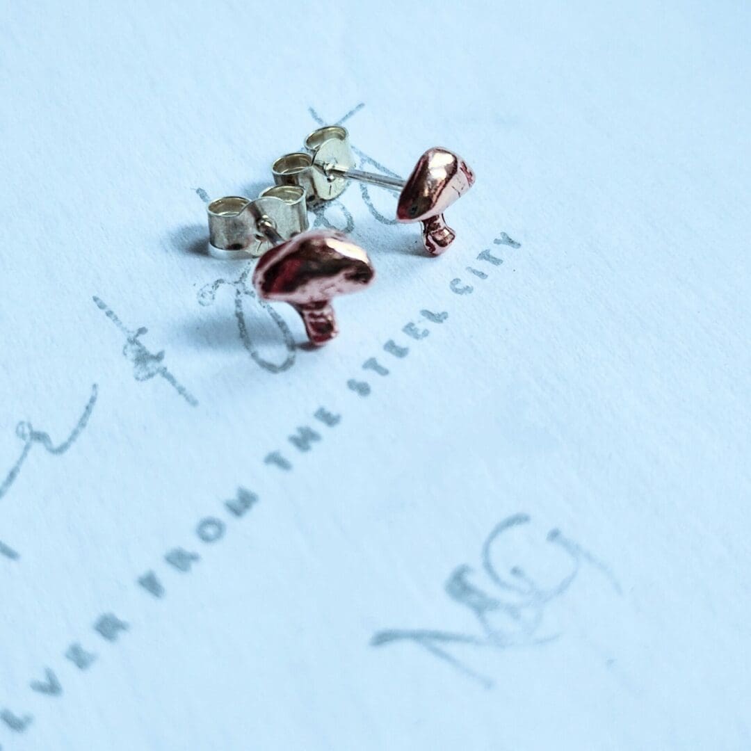 Sterling Silver and Copper Mushroom Stud Earrings - Image 2