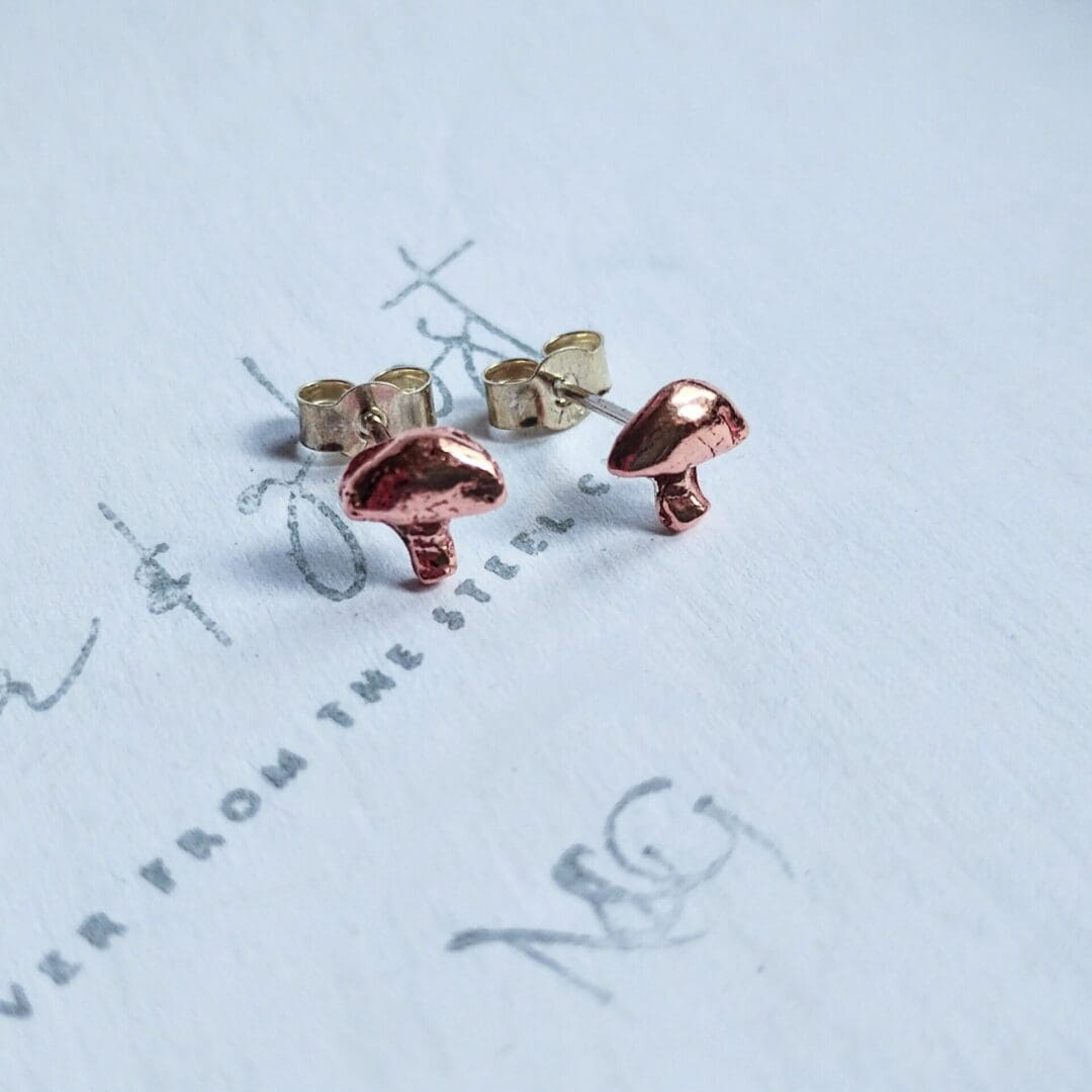 Copper and sterling silver mushroom stud earrings