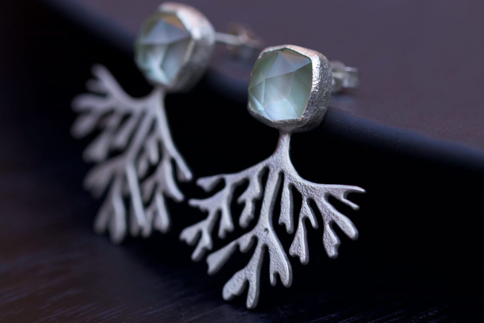 Handmade Textured Sterling Silver Seaweed Earrings with Cushion Rose Cut Green Amethyst and Mother of Pearl | Bridal Jewellery