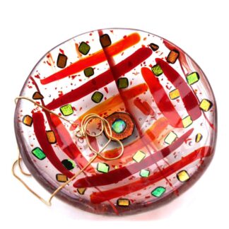 Red stripe dichtroic glass bolw dish gold decoration handmade british
