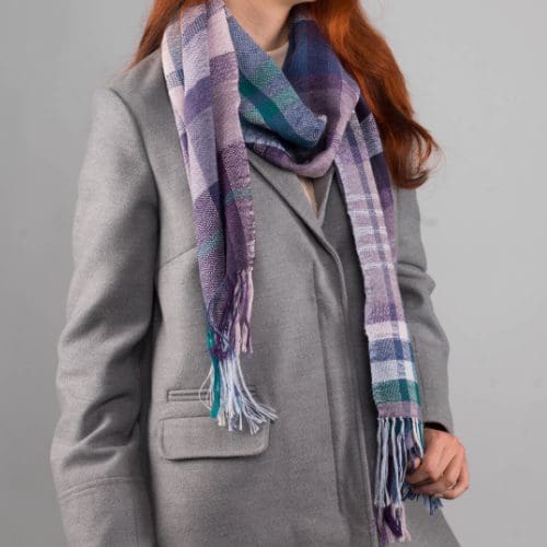 Handwoven Long Scarf by Alison Wright - Silk & Fine Merino wool - Heather, Purple & Jade - Image 4