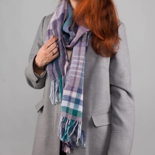Handwoven Long Scarf by Alison Wright - Silk & Fine Merino wool - Heather, Purple & Jade - Image 2