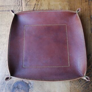 Large leather valet tray with olive stitching