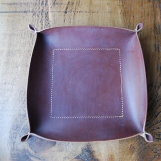 Large leather valet tray dark oak