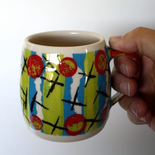 Hand Thrown Mug - 250ml decorated ceramic clay pottery cup for tea, coffee, hot chocolate etc... Citrus, Turquoise & Red - Image 5