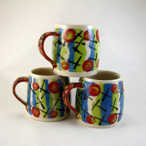 Hand Thrown Mug - 250ml decorated ceramic clay pottery cup for tea, coffee, hot chocolate etc... Citrus, Turquoise & Red - Image 3