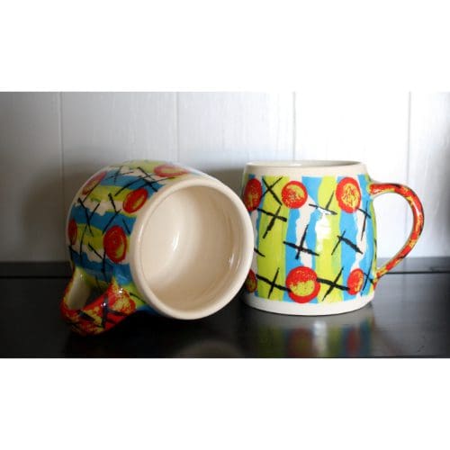 Hand Thrown Mug - 250ml decorated ceramic clay pottery cup for tea, coffee, hot chocolate etc... Citrus, Turquoise & Red - Image 2