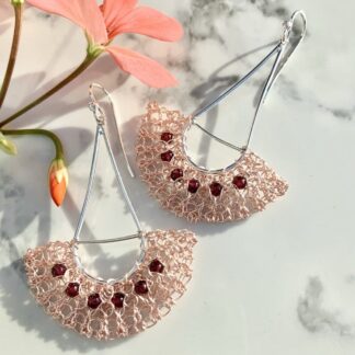 Silver and garnet earrings with wire crochet