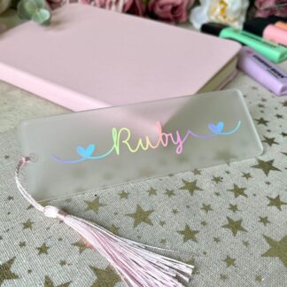 Personalised bookmark for children with pastel rainbow name and heart detail, reading gift for girl or book lover