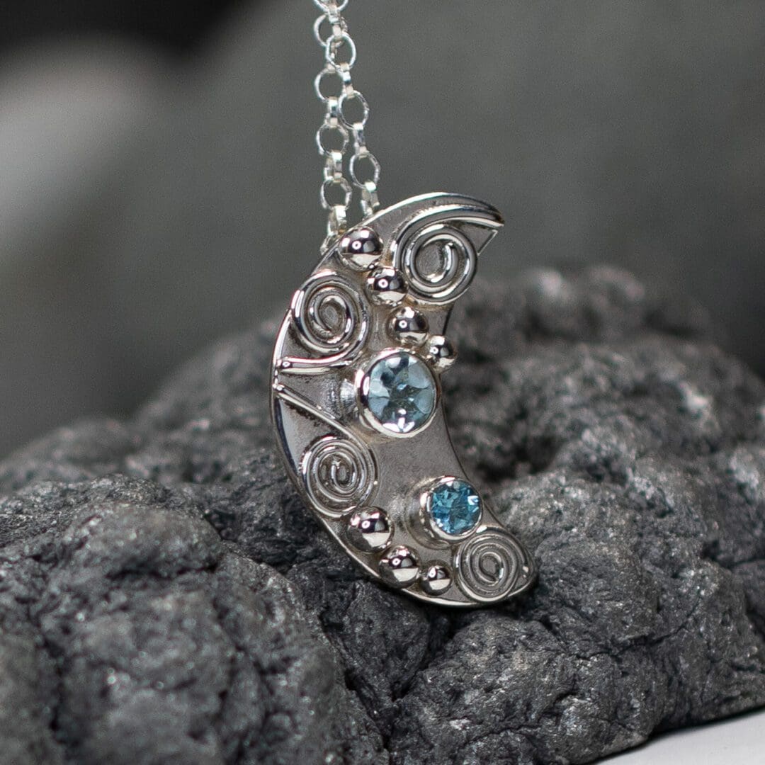 Silver Moon Necklace with Argentium Sterling Silver and Apatite & Blue Topaz Gemstones. Handmade in the UK, perfect one of a kind gift.
