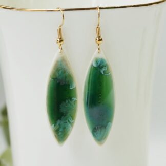 Handmade Porcelain earrings, emerald green, leaf shape
