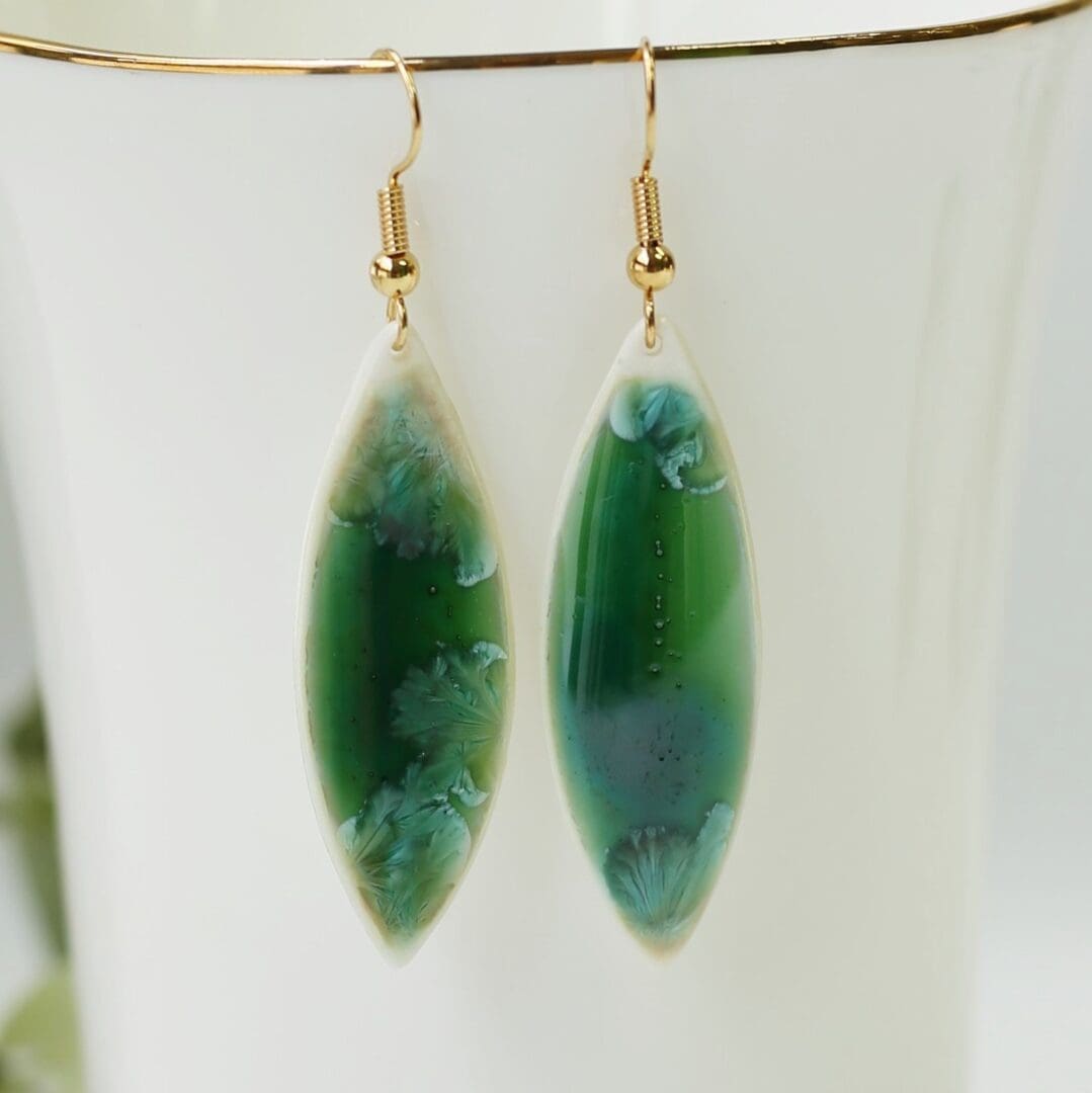 Handmade Porcelain earrings, emerald green, leaf shape