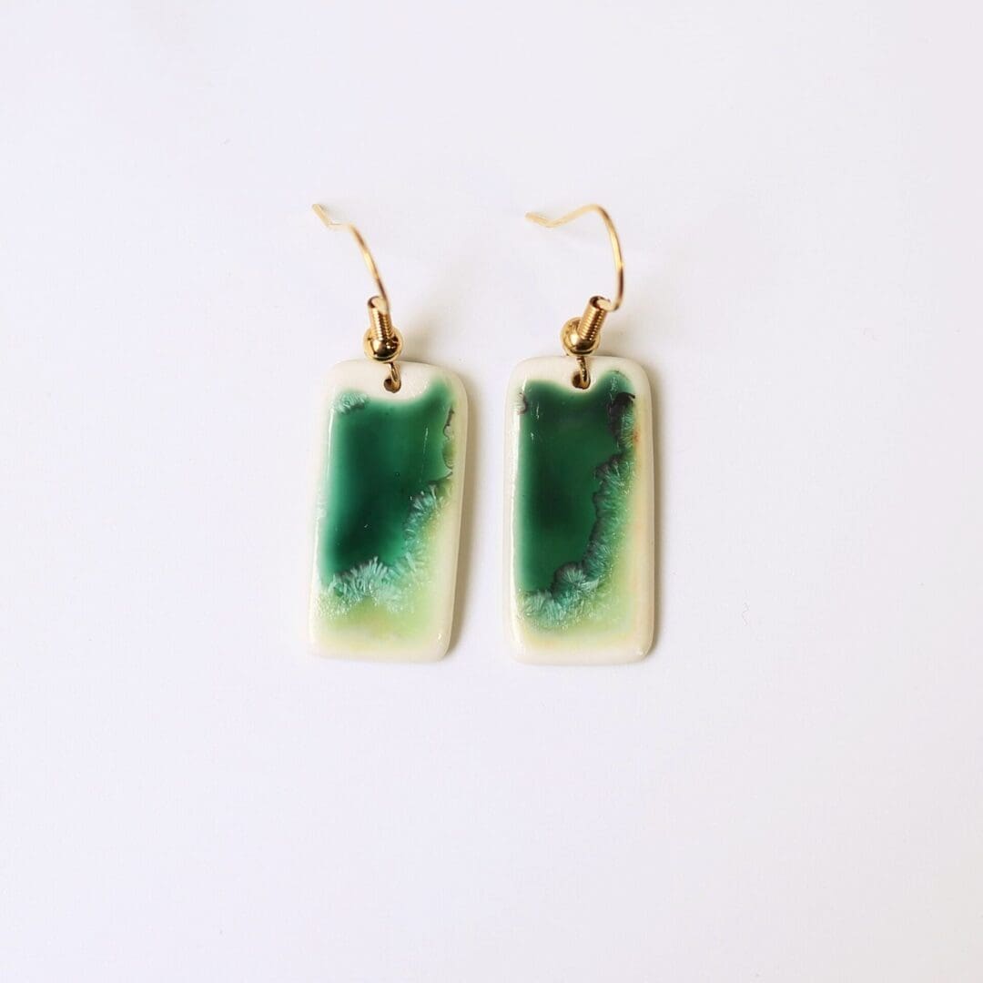 Green, porcelain drop earrings, Erika Albrecht Ceramics