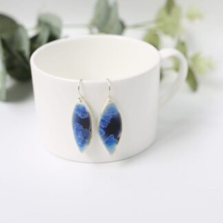 Porcelain earrings, white& blue, leaf shape