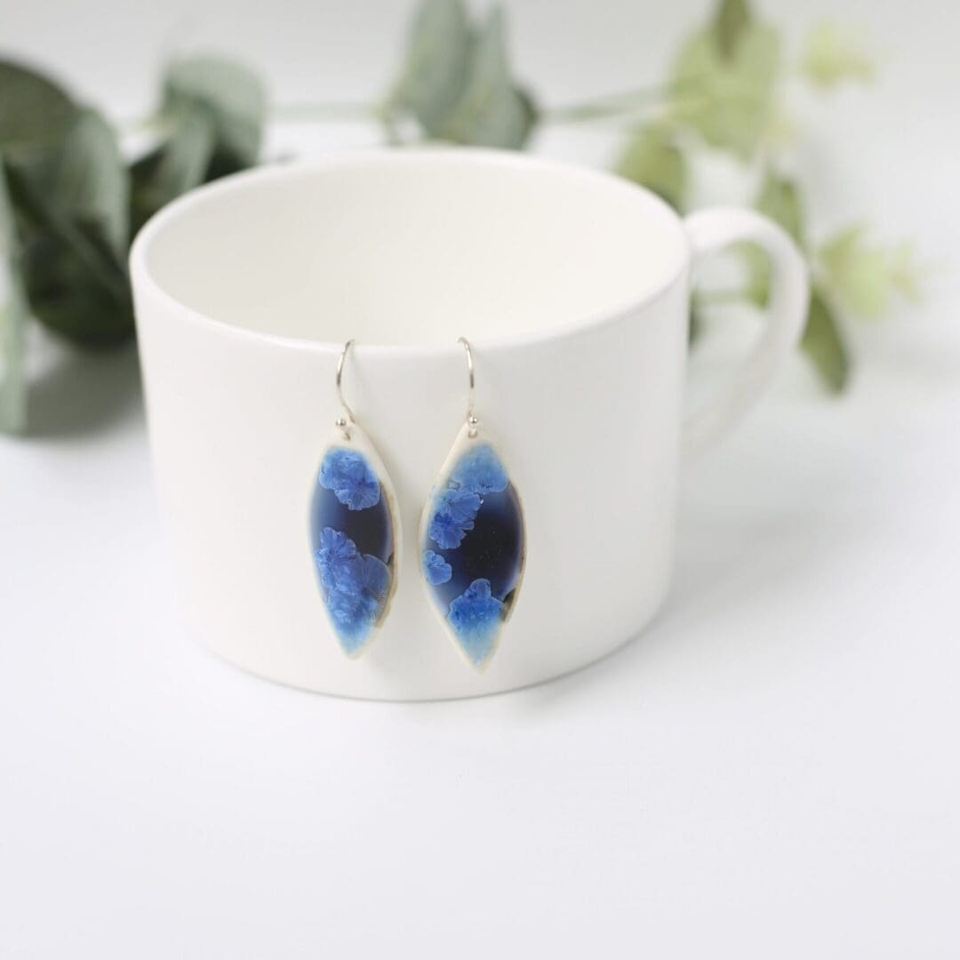 Porcelain earrings, white& blue, leaf shape