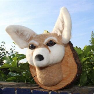 Bespoke and unique fennec fox felted faux taxidermy wall decoration. Liven up your gallery wall! Needle felted by hand, mounted on reclaimed natural wood slice