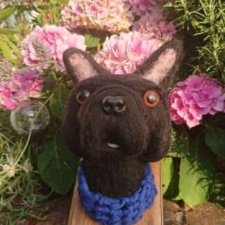 One-off French bulldog needle felted faux taxidermy decorative head. Ideal wall art for dog lovers. Mounted on wooden plaque ready to hang.